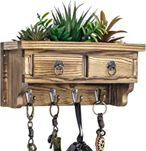 Wall Mounted Rustic Burnt Wood Entryway Organizer, Key Hook Rack with Artificial Succulent Arrangement and Vintage Drawer Accent-MyGift
