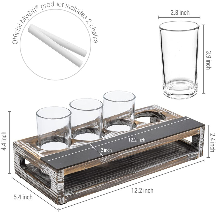 Torched Wood Beer Flight Board with Glasses, Wood Tasting Sampler Tray with Beer Glasses and Erasable Chalkboard Label-MyGift