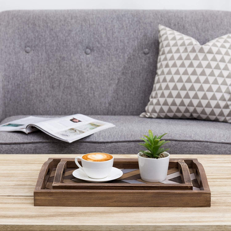 Set of 2 Rustic Chevron Pattern Rectangular Wood Breakfast Serving Tray with Cutout Handles, 16 x 12-Inch-MyGift