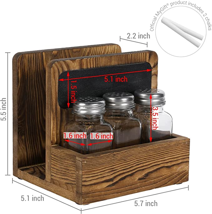 Rustic Wood Napkin Holder with 3 Salt and Pepper Shaker Set, Seasoning Jar and Chalkboard Label-MyGift