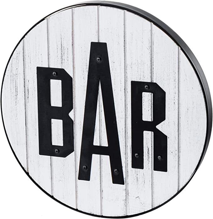 Whitewashed Wood Round Wall Décor Bar Sign with Black Metal Rim and BAR Letters-MyGift