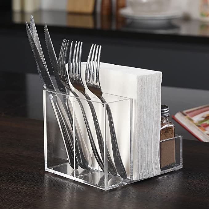 Modern Clear Acrylic Salt and Pepper Shakers, Modern Tabletop Organizer with Napkin Holder-MyGift