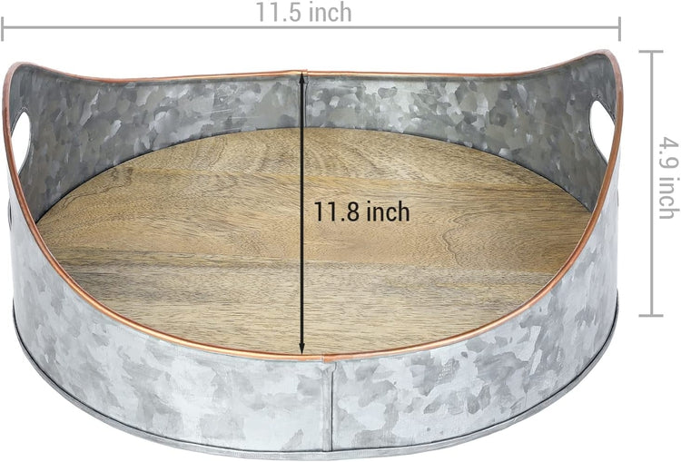 Silver Galvanized Metal Large Oval Serving Tray, Mango Wood Base and Brass Sloping Rim, Farmhouse Tray Decor-MyGift
