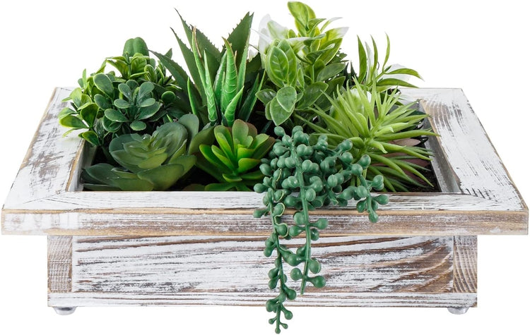 Artificial Plant Arrangement Tabletop Art Decorative Centerpiece with Whitewashed Wood Planter Box-MyGift
