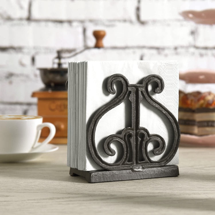 Cast Iron Napkin Holder, Dark Brown Dining Utensil Ornamental Design Napkins Dispenser-MyGift