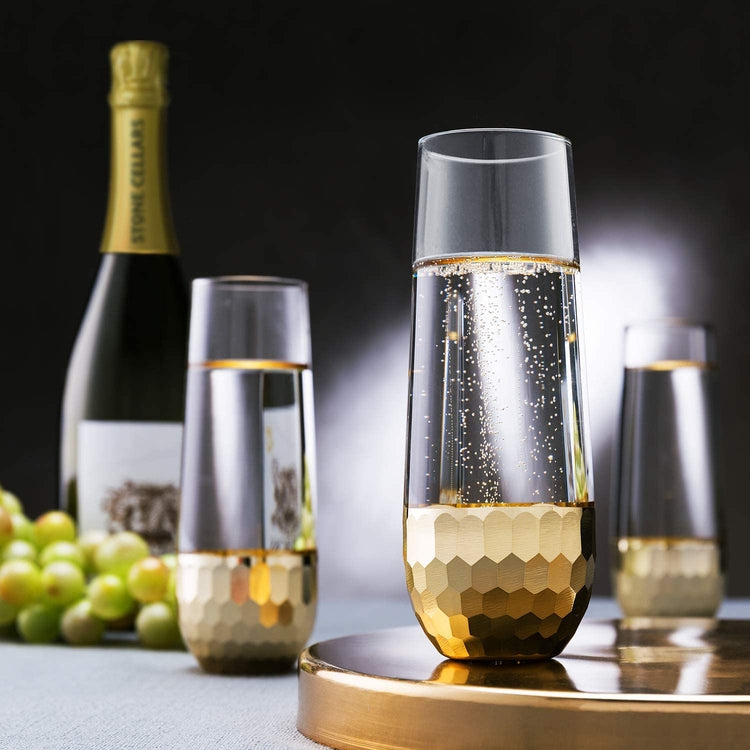 Set of 4, Stemless Champagne Flute Party Glasses with Hammered Brass Plated Bottoms-MyGift