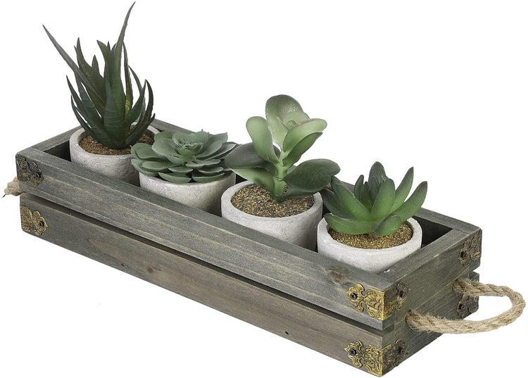 Artificial Plant Set, Mini Assorted Faux Succulent in Concrete Planters with Gray Wood Crate Window Box and Rope Handles-MyGift