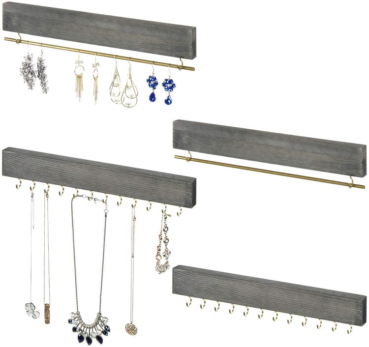 4-Piece Wall Mounted Rustic Gray Wooden Necklace, Bracelet & Earring Jewelry Accessories Storage Rack Set-MyGift
