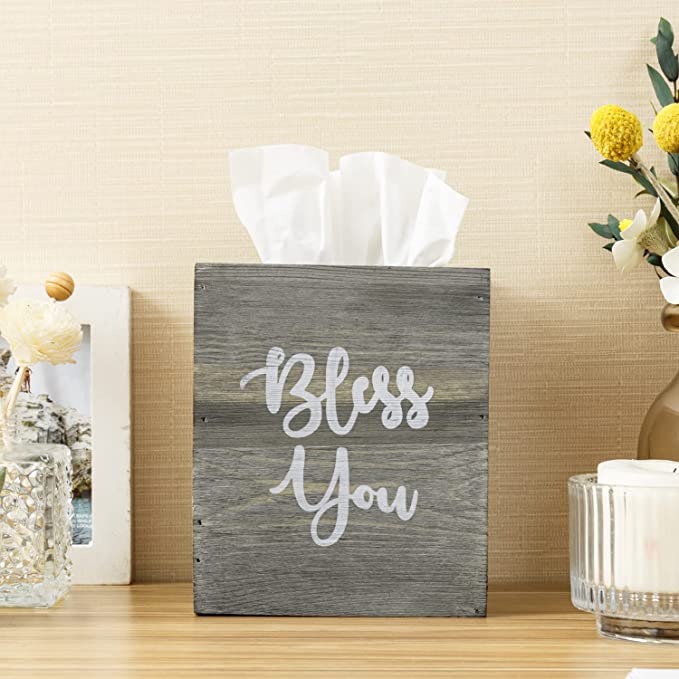Rustic Gray Wood Square Tissue Box Cover with Slide Out Bottom and Bless You Lettering-MyGift