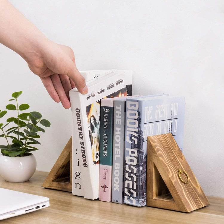 Brown Burnt Wood Triangular Decorative Desktop Bookends with Brass Tone Ring Handle Accents-MyGift