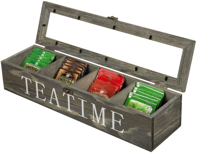 Vintage Gray Wood Tea Storage Box w/ TEA TIME Lettering-MyGift