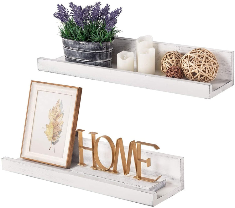 Set of 2, 24-Inch Wall-Mounted White Wood Floating Shelves, Picture Ledge Shelves-MyGift