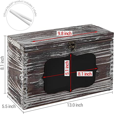 Torched Wood Wedding Card Box, Gift Card & Thank You Cards Holder with Slotted Lid, Latch and Chalkboard Label-MyGift