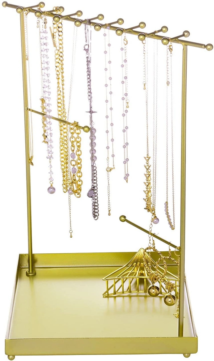 Brass Plated Metal Jewelry Tower, Tabletop Necklace and Bracelet Hanger Stand with Ring Dish Tray-MyGift