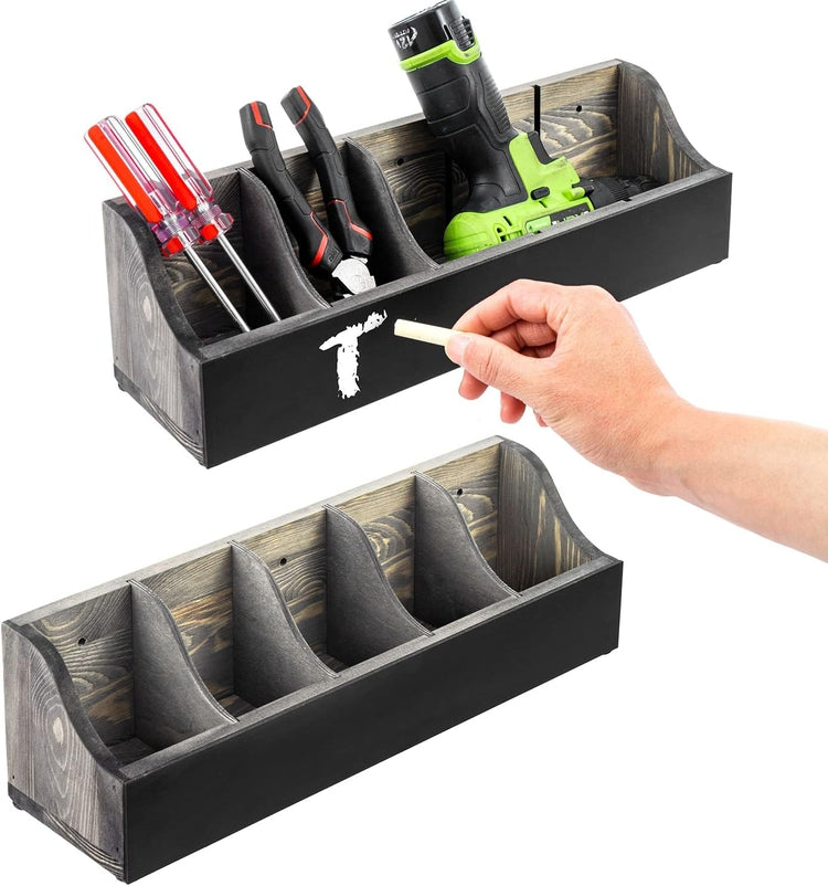 Set of 2, Wall Mountable Gray Wood Utility Caddy with Chalkboard Label, Adjustable Storage Organizers for Crafting-MyGift