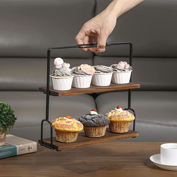2-Tier Burnt Brown Wood and Metal Dessert Display Rack Pastry Holder, Cupcake Dessert Serving Stand-MyGift