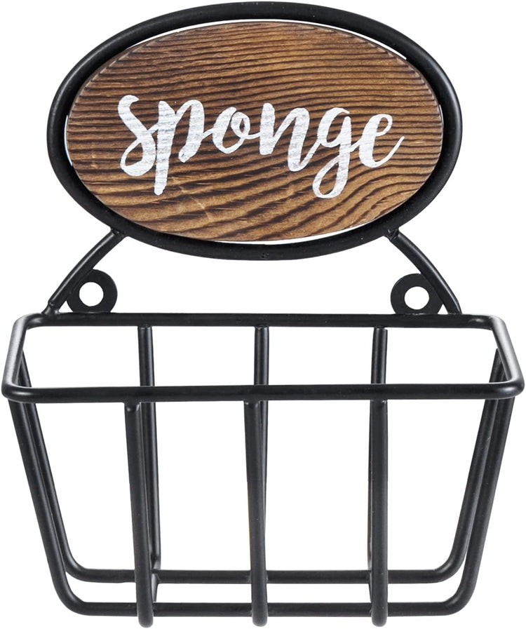 Burnt Wood and Industrial Black Metal Kitchen Sponge Holder with Cursive “Sponge” Label-MyGift