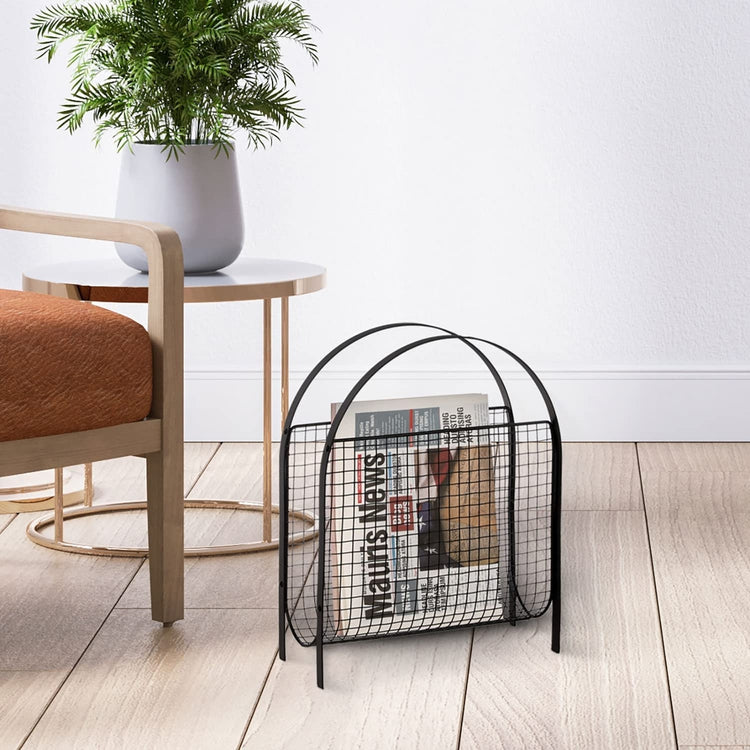 Mid-Century Magazine Rack, Matte Black Tone Metal Mesh Freestanding Magazine Organizer Holder Sling-MyGift