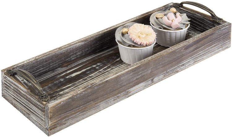 16-inch Torched Wood Rectangular Serving Tray with Decorative Antique Metal Handles-MyGift