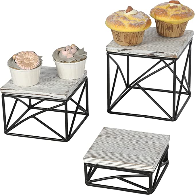 Cupcake Holder Stand with Rustic Whitewashed Wood Top and Geometric Black Metal Wire Base, Set of 3-MyGift