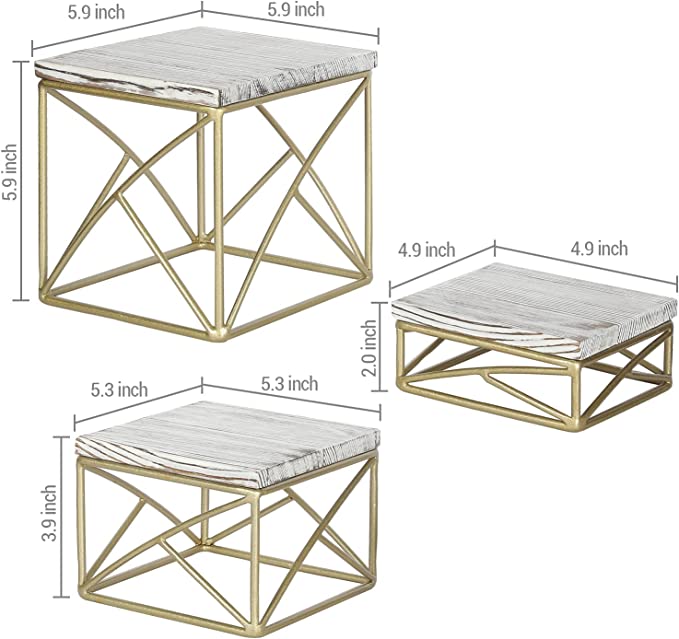 Rustic Whitewashed Wood Top and Geometric Brass Metal Wire Base Cupcake Stand, Dessert Display Risers, Set of 3-MyGift
