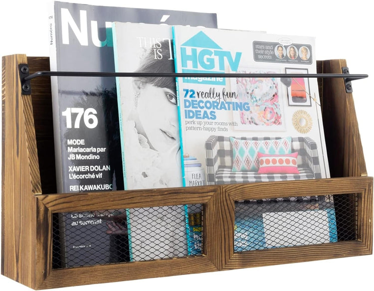 Magazine Holder Wall Mounted Burnt Wood Rack with Matte Black Metal Bar and Chicken Wire Accent, Book Display Storage-MyGift