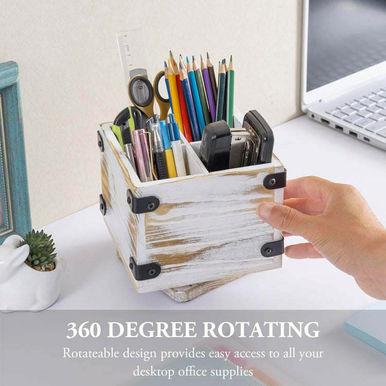 White Washed Solid Wood Rotatable Pencil Holders with Rotating Base and Decorative Corner Brackets-MyGift