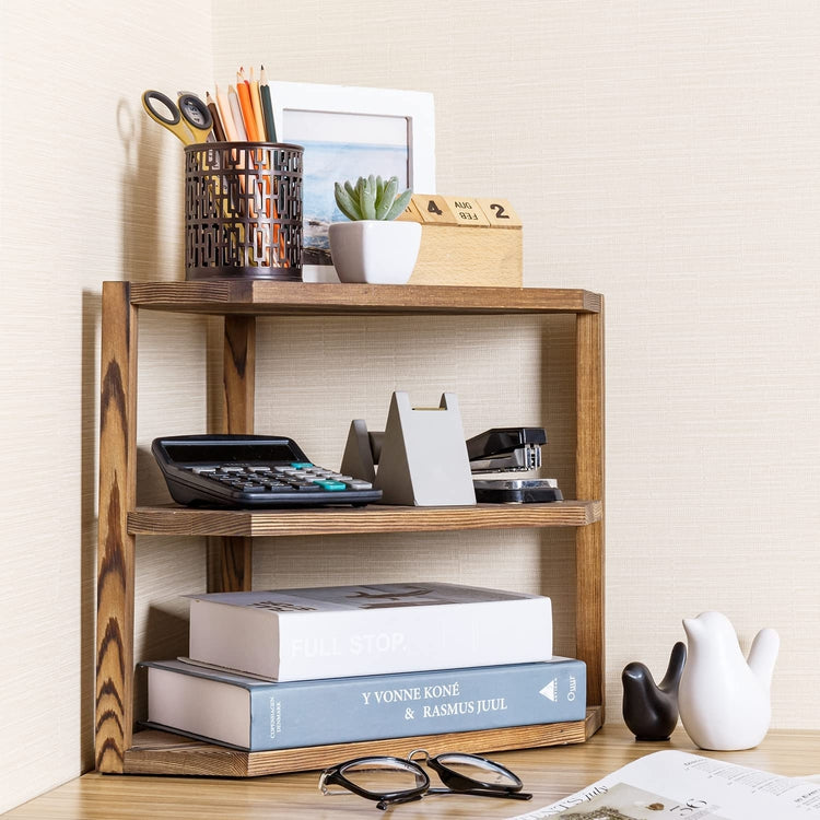 Rustic Dark Brown Burnt Solid Wood for Countertop Corner Storage Organizer  Shelf