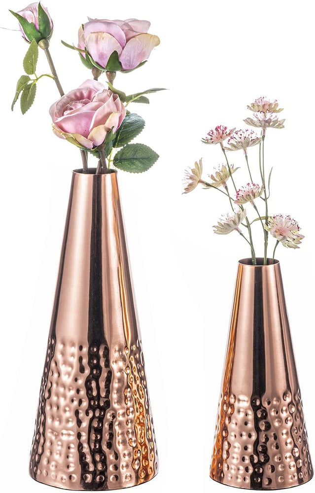 Copper Tone Metal Tapered Flower Vases with Hammered Pattern, Handcrafted Decorative Vase for Floral Arrangements-MyGift