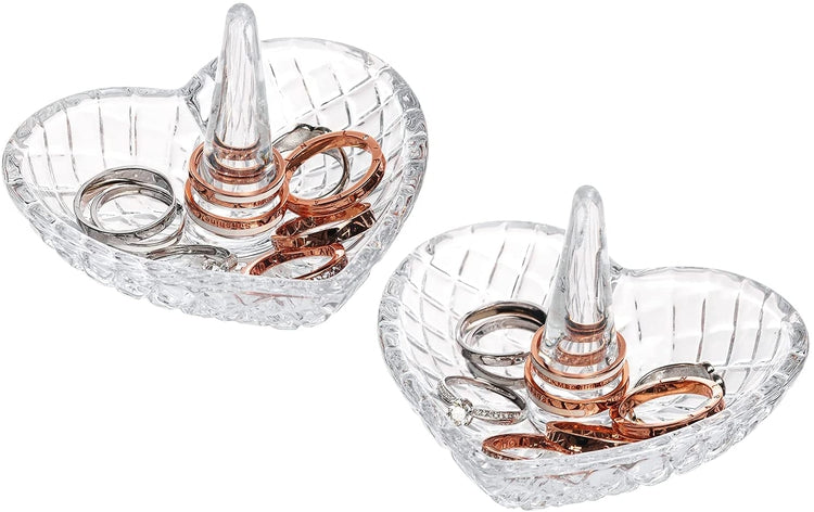 Set of 2, Vintage Heart Design Clear Glass Ring Dish, Jewelry Holder Tray-MyGift