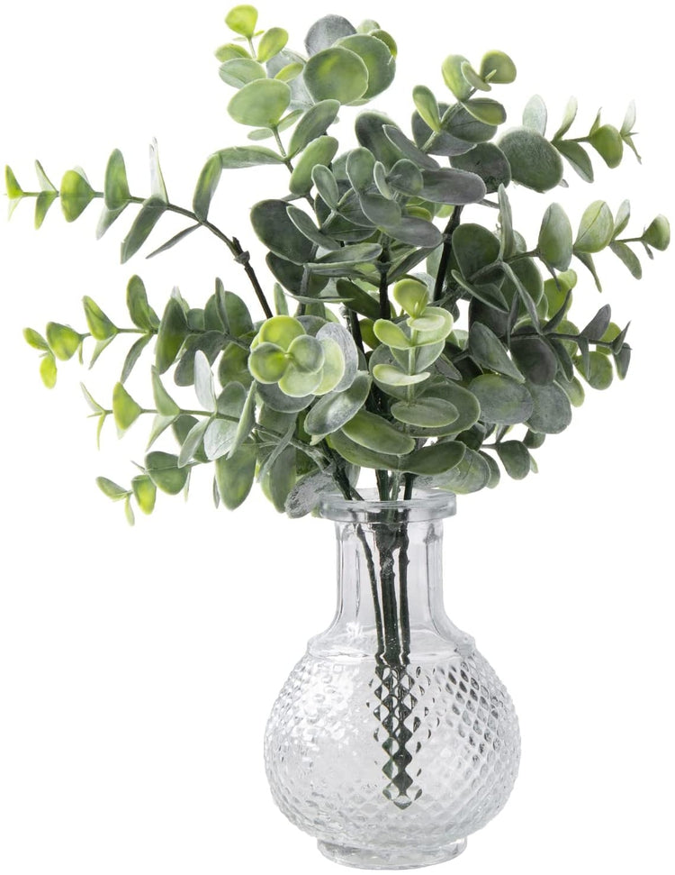 Faux Eucalyptus Stems in Vintage Style Embossed Glass Vase, Tabletop Décor-MyGift