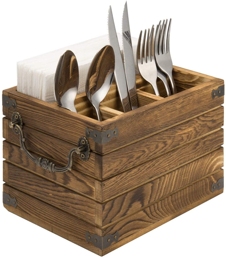 Rustic Burnt Dark Brown Wood Dining Utensils Flatware Serving Caddy with Napkin Slot, Antique Metal Wraps and Handles-MyGift