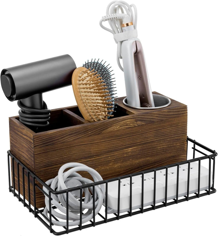 Brown Wood and Black Metal Hair Styling Hot Tools Rack Organizer for Blow Dryer, Flat Iron, Curling Wand-MyGift