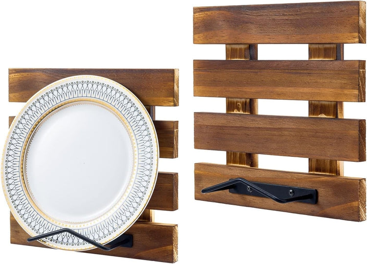 Wall Mounted Brown Wood and Black Metal Wire Plate Display Rack, Plate Holder, Set of 2-MyGift
