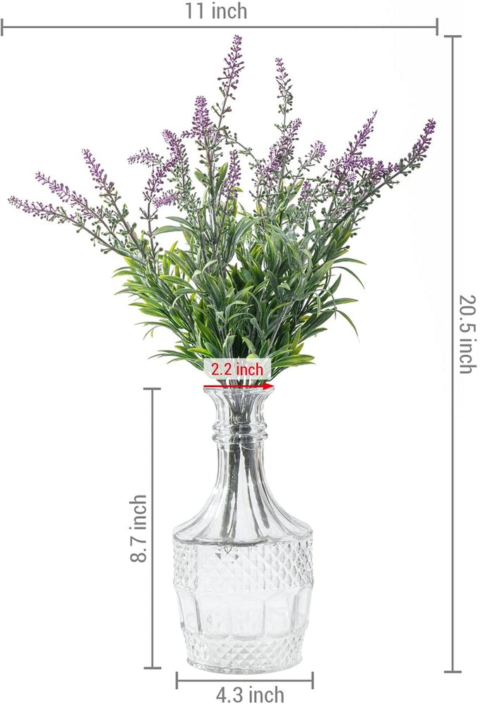 Mini Tabletop Faux Flowers Bouquet, Artificial Lavender Stems with Vintage Glass Vase-MyGift