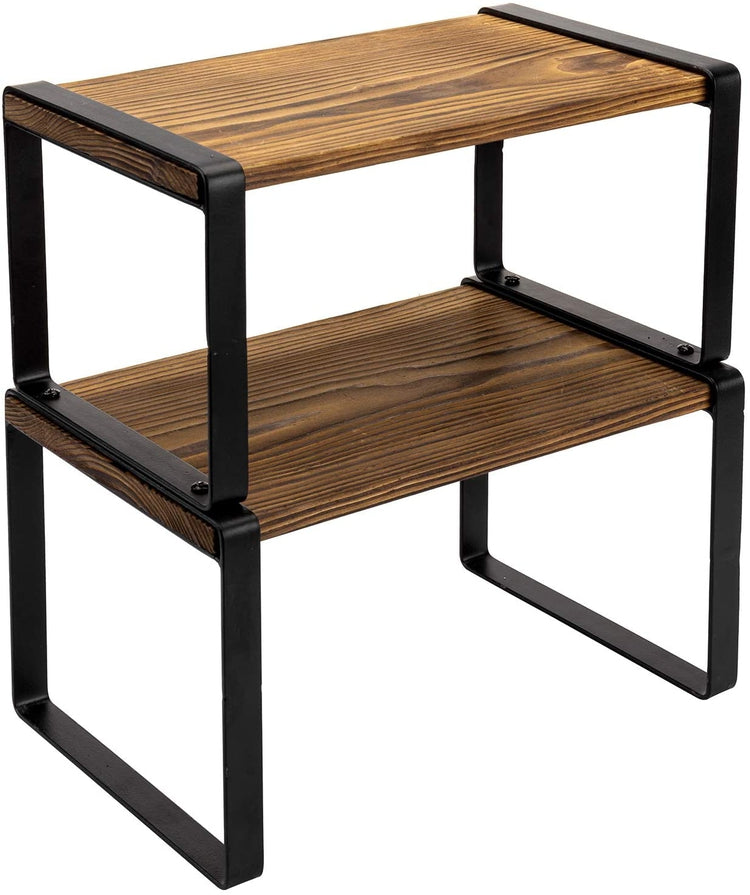 Set of 2, Dark Brown Burnt Wood and Matte Black Metal Stackable Kitchen Cabinet Shelf Risers, Countertop Shelves-MyGift