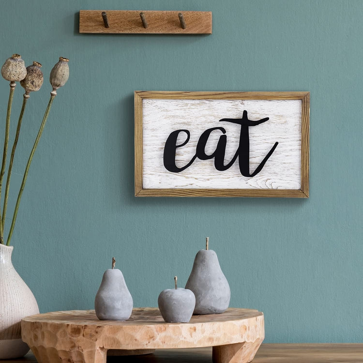 EAT Wall Art Sign, Hanging Whitewashed Wood and Matte Black Cursive Eat Word Sign with Burnt Wooden Frame-MyGift