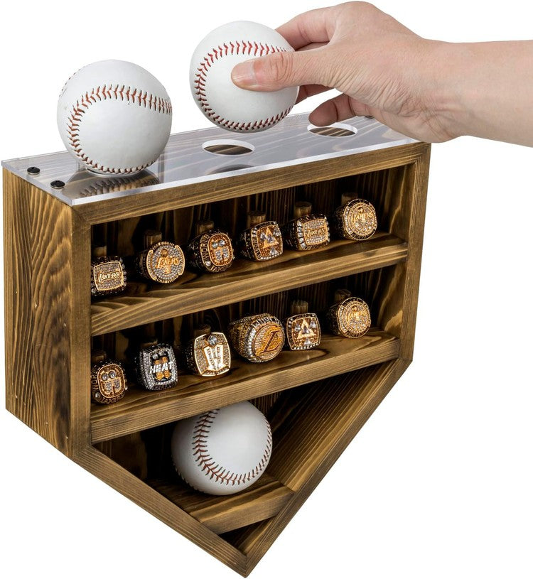 Wall Mounted Brown Wood Baseball Diamond Championship Ring Display Case with Clear Acrylic Stands-MyGift