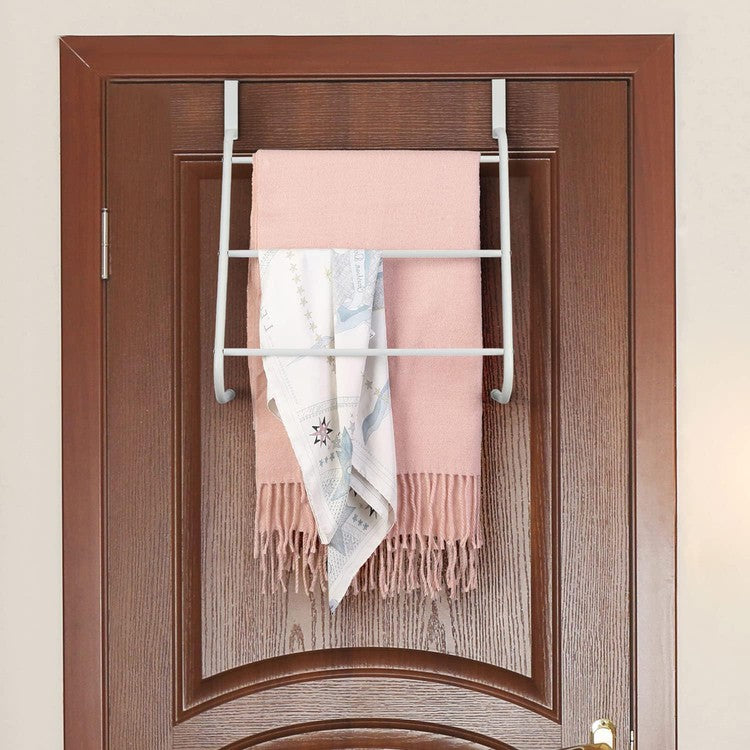 White Metal 3-Tiered Bars Over-The-Door Bath Towel Holder, Bathroom Storage Door Hanging Drying Rack-MyGift