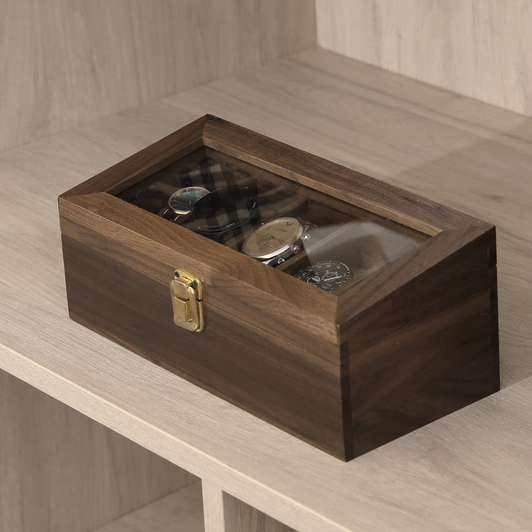 Walnut Wood Wristwatch Storage Box, Tabletop Watch Display Case with Clear Acrylic Lid and Removable Brown Velvet Pads-MyGift