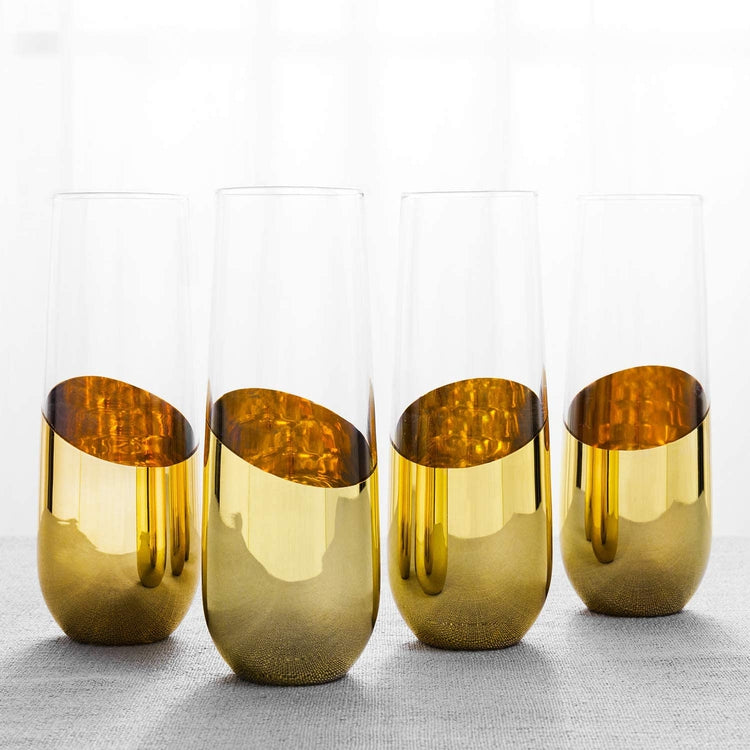 Set of 4, 10 oz Brass-Plated Sparkling Wine Glass, Modern Stemless Champagne Flutes-MyGift