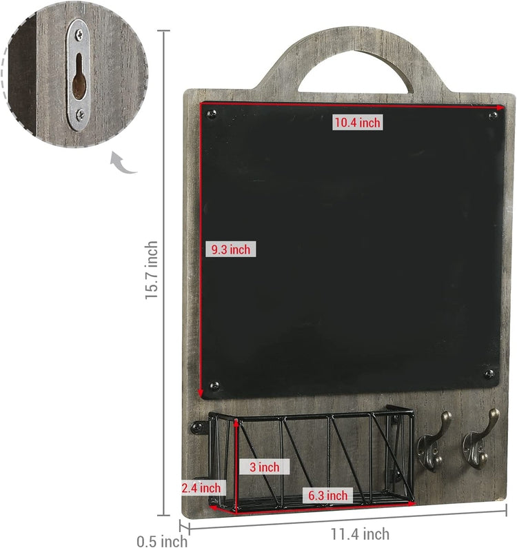 Gray Wood Entryway Wall Organizer with Mail and Key Holder, Chalkboard and Hooks, Family Organization Rack-MyGift