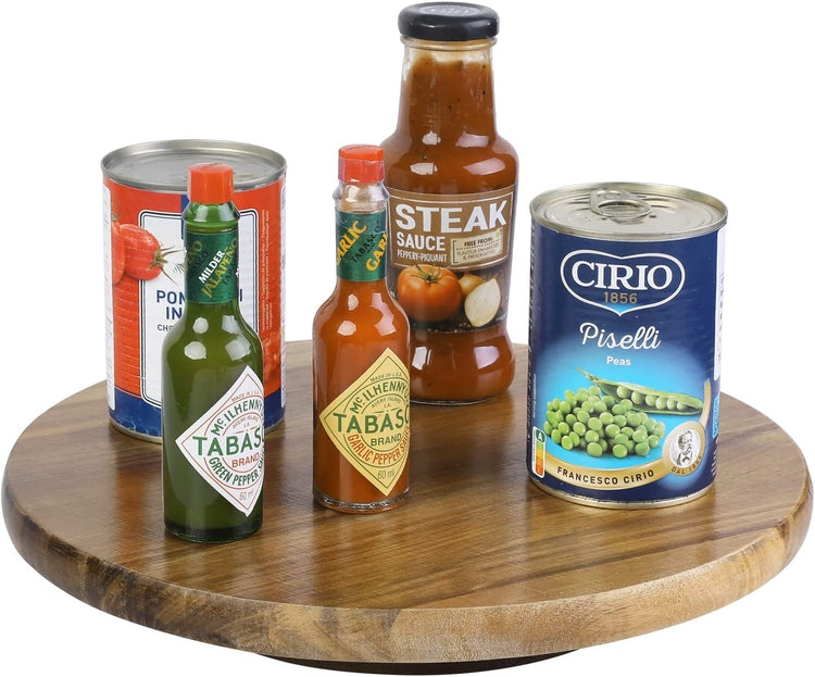 Acacia Wood Lazy Susan Condiment Tray, 360 Degree Rotating Turntable Spice Rack Organizer-MyGift