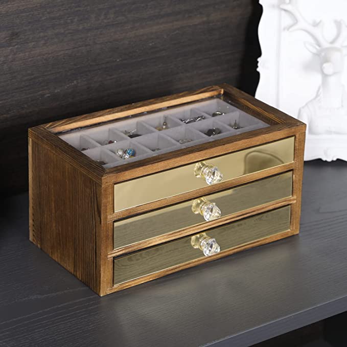 Jewelry Box with Brass Paneled Drawer, Wood Jewelry Storage Chest with 3 Velvet Lined Drawers-MyGift