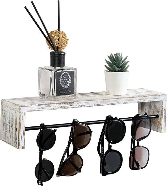 Whitewashed Wood Sunglasses Storage Rack, Wall Mounted Eyewear Organizer with Top Shelf-MyGift