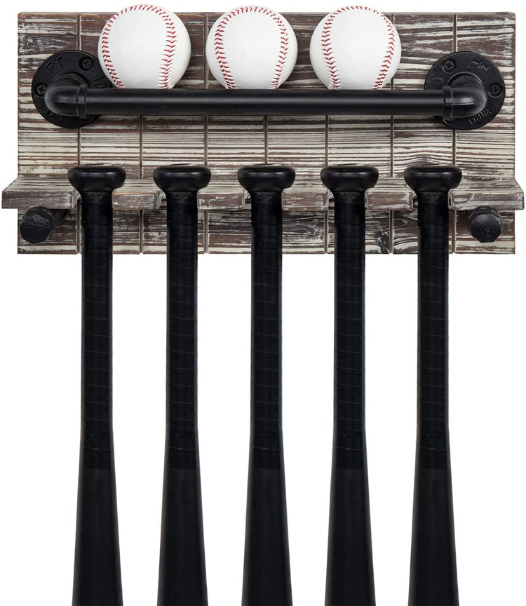 Torched Wood Baseball Holder and Bat Rack with Black Metal Pipe, Wall Mounted Garage Sports Equipment Holder-MyGift