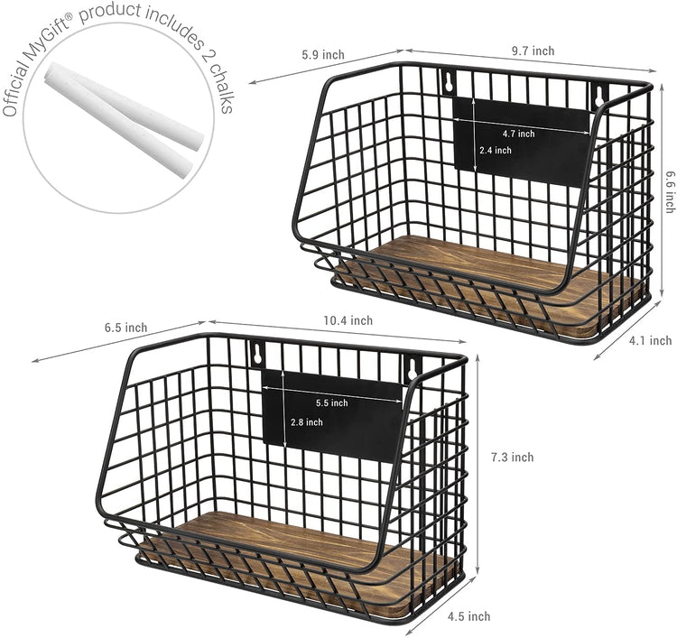 Set of 2, Black Metal Wire and Burnt Brown Wood Wall Mounted Kitchen Storage Organizer Baskets with Chalkboard Labels-MyGift