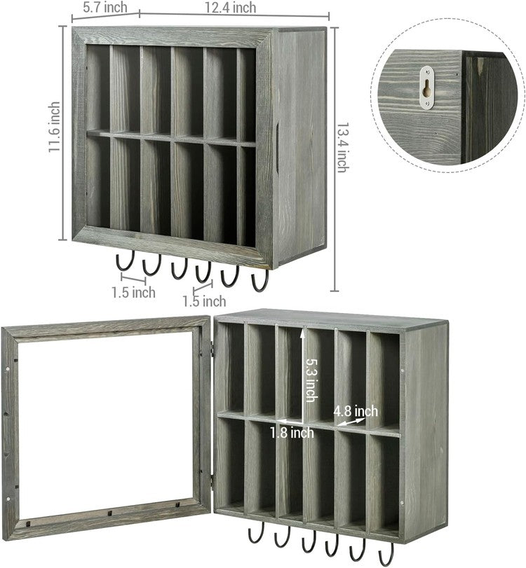 Wall Mounted Gray Wood Arts Belt Holder Cabinet, 6 Black Metal Wire Hanging Hooks for Award Medals-MyGift