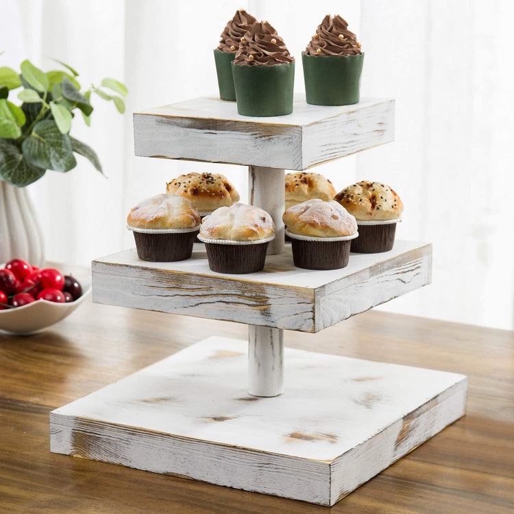 3-Tier, 12-Inch Whitewashed Wood Cupcake Desserts Stand, Appetizer Display Riser-MyGift
