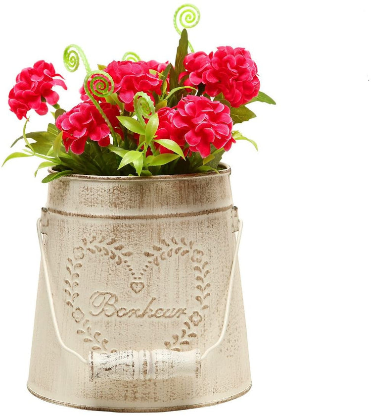 Beige Metal Metal Rustic French Country Vintage Style Garden Decor Bucket , Centerpiece Vase , Flower Holder-MyGift